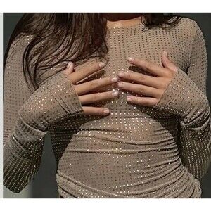 Y2K Style Sheer Silver Studded Nude Long Sleeved Sexy Women’s Top Size S